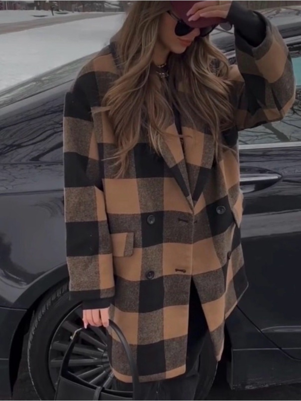 Abercrombie & Fitch wool blend Oversized Pea Coat Brown Black Plaid small petite